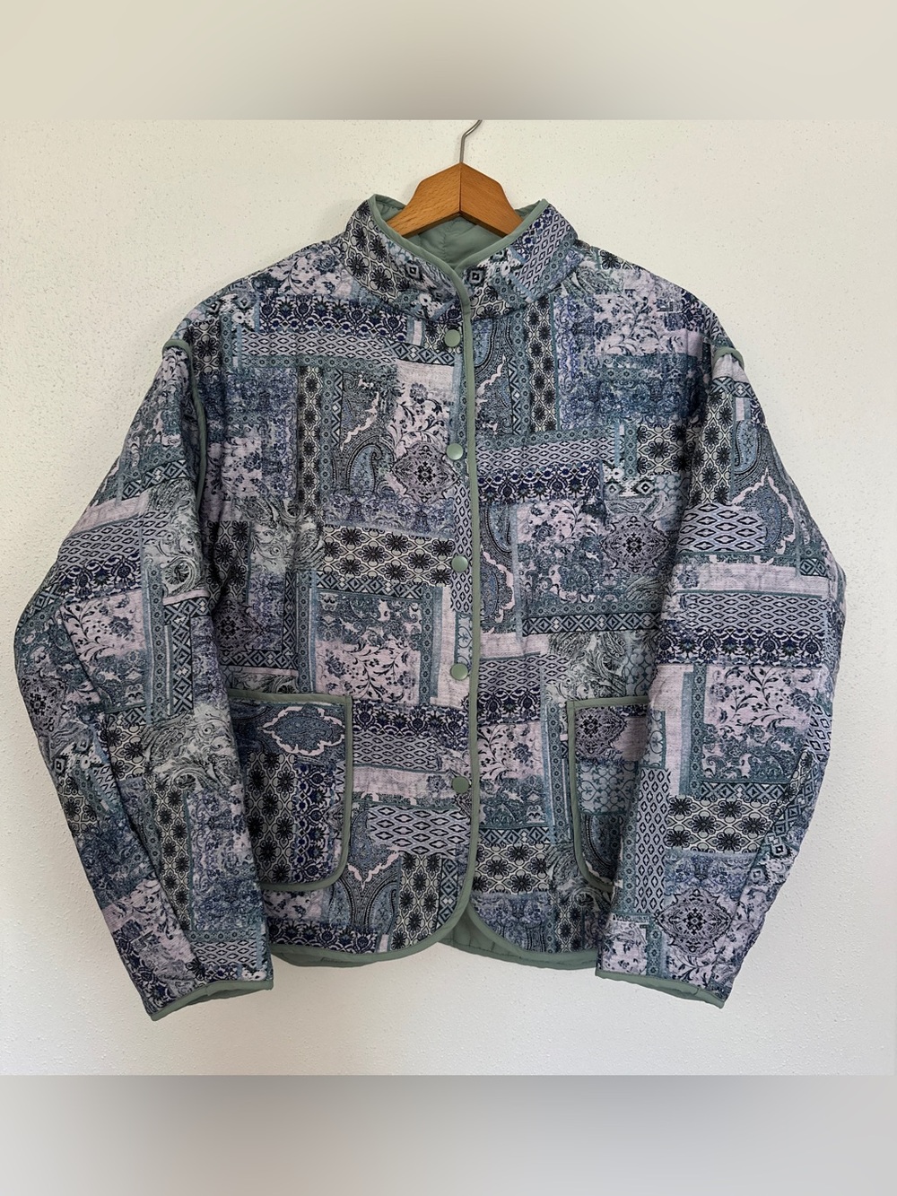 River Quilted Patchwork Jacket Medium Blue Sage Green Cottagecore Boho Puffer